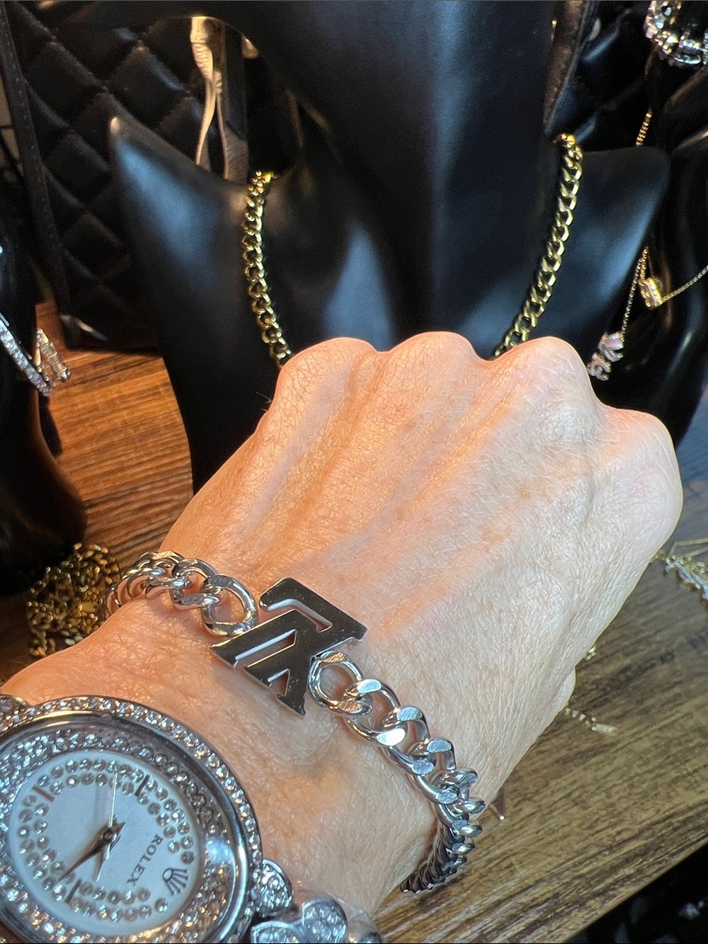 Polished Stainless Steel Silver  Chain Bracelet with Letter Detail